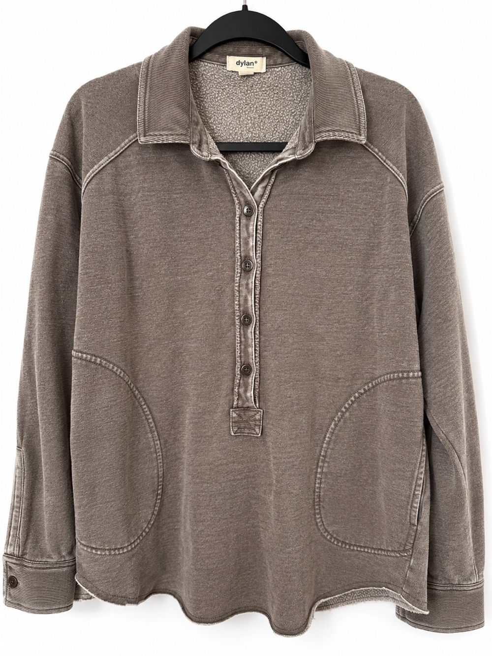 Dylan Mineral Wash Raw Hem Tunic Pockets Sweatshirt Collared Oversized Gray M